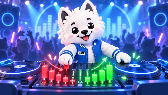 A fluffy cartoon wolf mascot wearing a varsity jacket labeled "LIKE" stands behind DJ turntables and mixing controls with glowing red and green indicators, set against a neon-lit concert background. The image visually represents the LIKE token giveaway, symbolizing how participants can "mix" their social engagement into rewards.