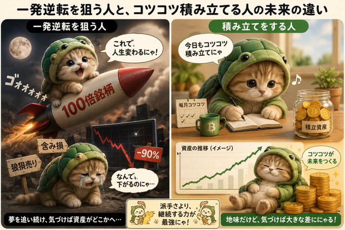 A Japanese infographic comparing two cats: one chasing a '100倍銘柄' (100x stock) rocket and suffering 90% losses, versus one steadily accumulating ('コツコツ') assets, with the message that steady efforts make a big difference over time.