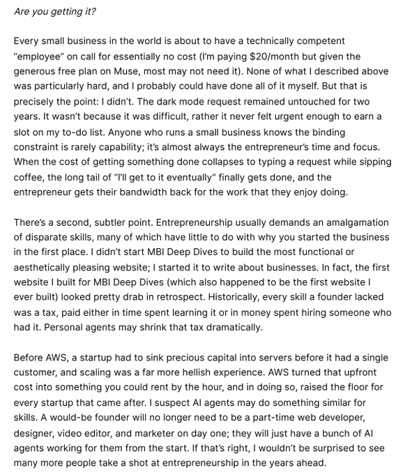 A screenshot of a Substack newsletter post titled "Are you getting it?" discussing how affordable AI assistants like Muset (referencing $META) are transforming small businesses by handling low-priority tasks and democratizing entrepreneurship through lowered skill barriers.