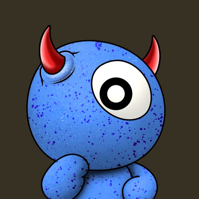 A cartoon illustration of a small, round, blue speckled monster with a single large eye, two red horns, and small rounded feet, set against a brown background.