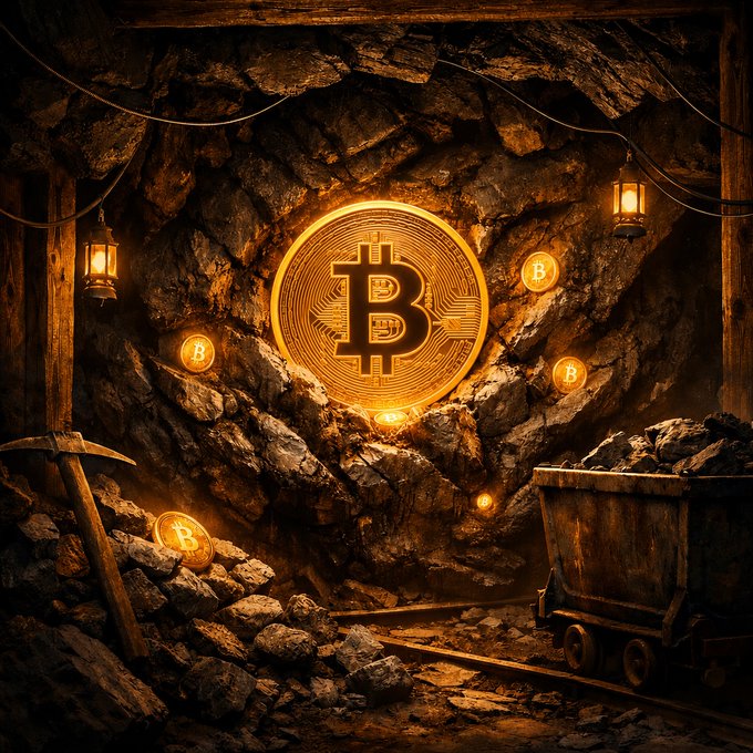 A glowing Bitcoin (₿) emblem embedded in a rock wall of a dimly lit mine, surrounded by smaller Bitcoin coins, lanterns, a pickaxe, and a mining cart, symbolizing the recent surge in Bitcoin mining stocks like Canaan, American Bitcoin, and Cango, which rallied up to 67% on Bitcoin's 23% weekly climb.