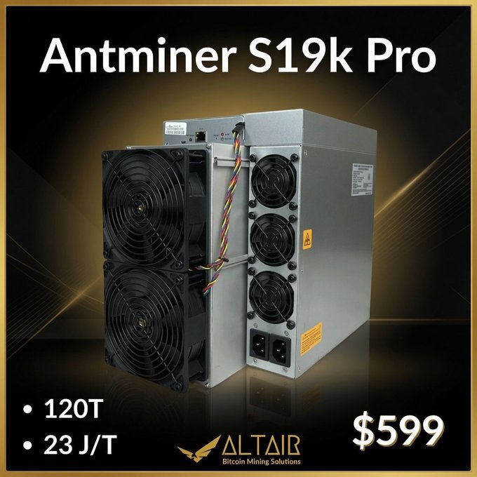 An advertisement showcases an 'Antminer S19k Pro' from 'ALTAIR Bitcoin Mining Solutions', listing specs of '120T' and '23 J/T' with a price of '$599'.