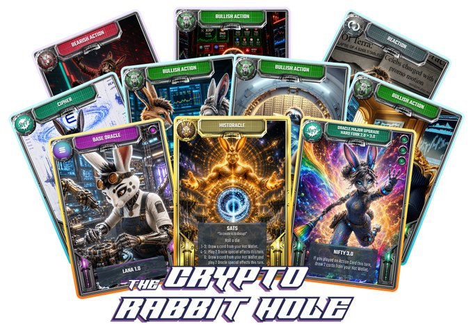 A collection of crypto-themed playing cards titled 'THE CRYPTO RABBIT HOLE' featuring rabbit characters, action cards, and skill labels like 'BRAINIAC' and 'NIFTY 3.0'.