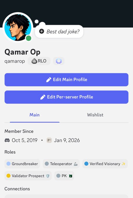 A Discord profile page for "Qamar Op" (@qamarop) showing a member since Oct 5, 2019, roles including Groundbreaker and Verified Visionary, and "Best dad joke?" as the bio.