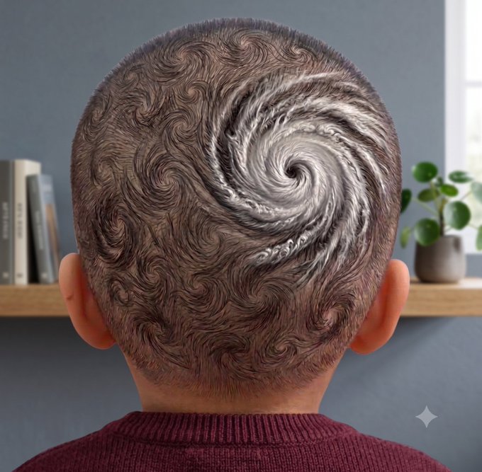 The back of a person's head with hair styled into an elaborate swirling Van Gogh 'Starry Night' pattern shaved into the scalp.