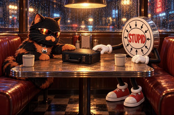 A whimsical illustration shows a black cat wearing sunglasses sitting at a diner booth across from a cartoon drum character labeled "STUPID," with a briefcase between them on the table.
