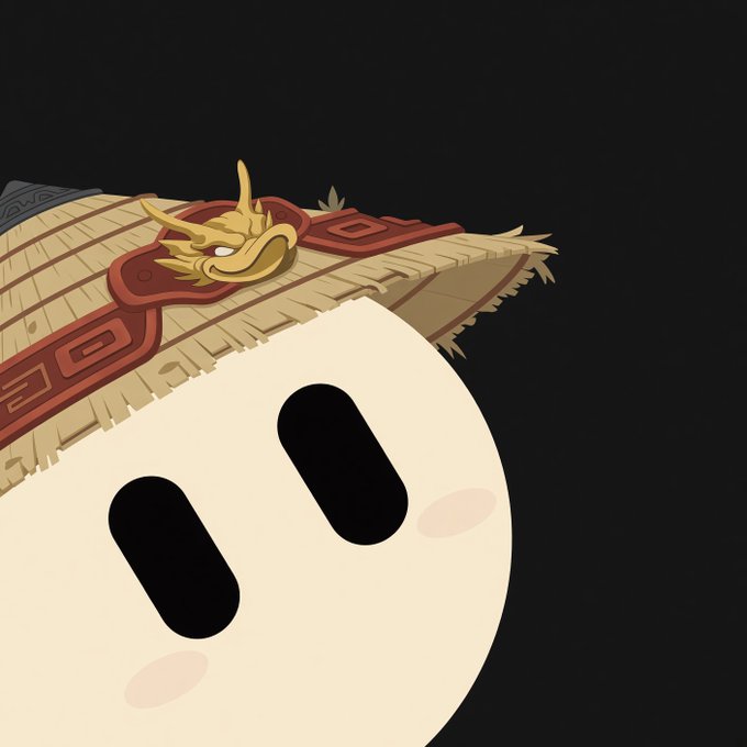 A cartoon character with oval eyes wearing a straw Asian-style hat decorated with a golden dragon ornament against a black background.