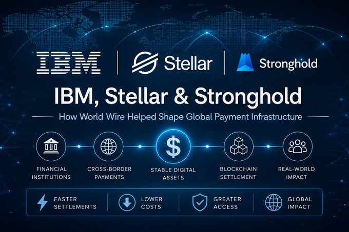 The image features a poster with IBM, Stellar, and Stronghold logos at the top. The text below the logos reads "IBM, Stellar & Stronghold How World Wire Helped Shape Global Payment Infrastructure". Below this, there are illustrations of various financial and payment-related icons such as a bank, a check, and a credit card.