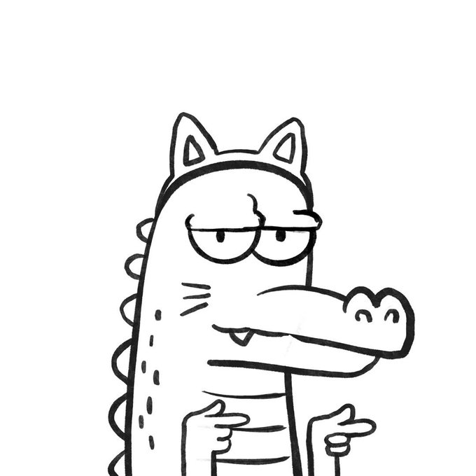 Black and white line drawing of an anthropomorphic cat character wearing cat ears and a headband, giving two thumbs up with a smug expression.