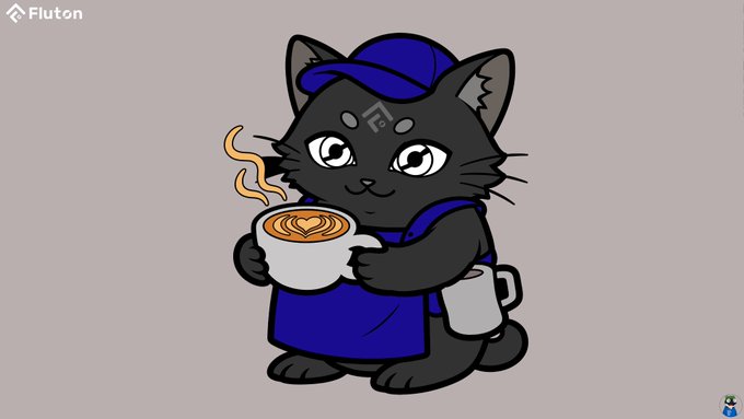An illustration of a black cartoon cat wearing a blue cap and apron, holding a coffee cup with latte art. The text 'Fluton' appears in the top-left corner.