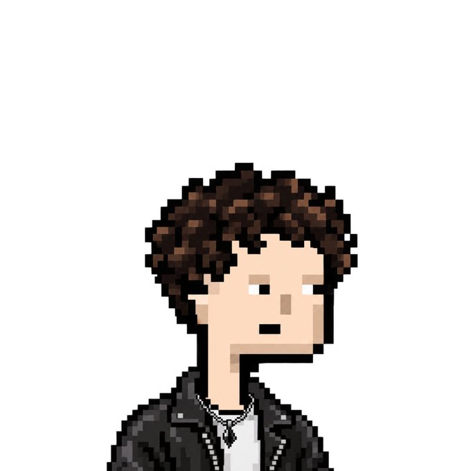 A pixel art portrait depicts a person with brown curly hair, wearing a black leather jacket and necklace, with a neutral expression against a white background.