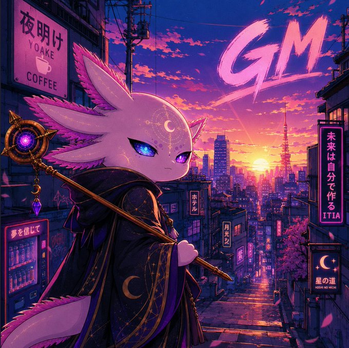 An anime-style illustration of a white axolotl-like character holding a staff on a Tokyo street at sunset, with 'GM' painted in pink sky and Japanese signs including 'ITIA'.