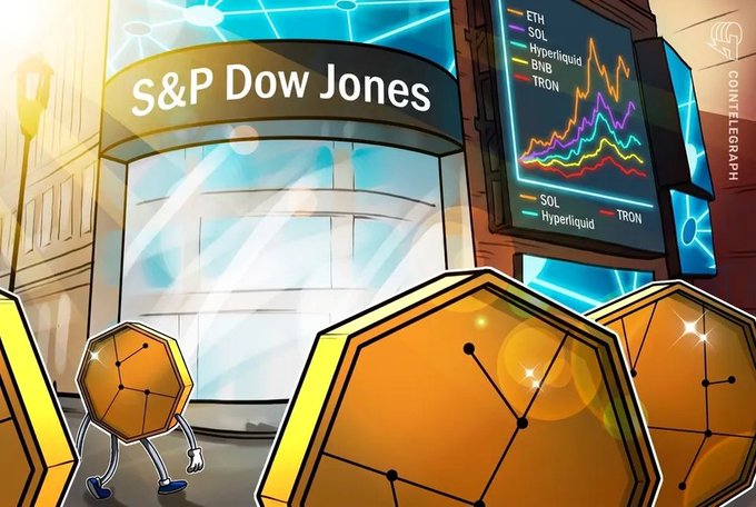 The image depicts a cartoon-style illustration of the "S&P Dow Jones" building with an electronic billboard displaying a stock chart featuring tickers like ETH, SOL, Hyperliquid, BNB, TRON, and SOL, alongside animated golden hexagonal token characters. This visual ties directly to the post's announcement that TRON has been included as one of the top five constituents in S&P's new blockchain fundamentals index, highlighting the growing convergence between traditional financial institutions like S&P Dow Jones and cryptocurrency networks.