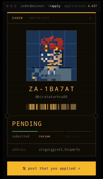 A 'ZADDR WHITELIST' application screen for user 'ZA-1BA7AT' (@birataturkcu88) showing a pixel art avatar, a barcode, and the application status as 'PENDING' with an address provided.