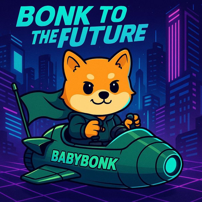 A cartoon illustration features an orange Shiba Inu dog wearing a cape and driving a futuristic green vehicle with the text 'BONK TO THE FUTURE' and 'BABYBONK'.