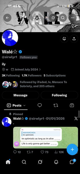 A screenshot of an X (Twitter) profile page for 'Walé☆ (@sirwlyr1)' showing 1.7K followers, a pinned post dated '01/01/2026', and a text message exchange.