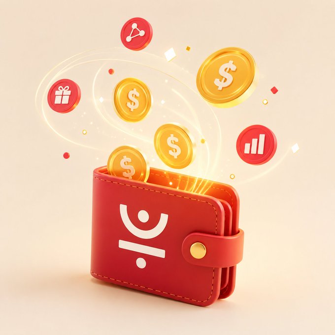 A red wallet emits gold coins marked with dollar signs alongside floating icons representing sharing, gifting, growth, and analytics, visually symbolizing the rewards and ecosystem engagement highlighted in the post about $JST's role in JUST DAO and the expanding TRON ecosystem.