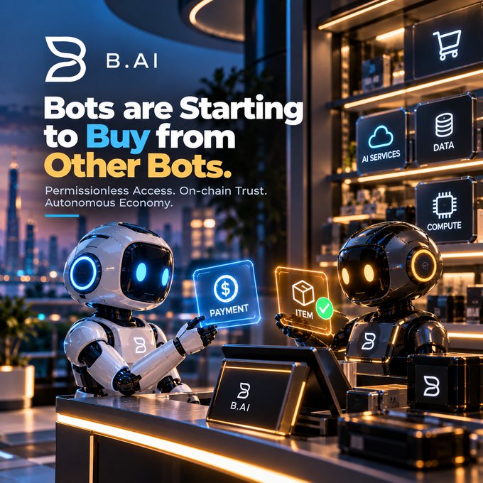 A promotional image for B.AI showing two robots exchanging digital payment and item tokens at a futuristic storefront, with text reading 'Bots are Starting to Buy from Other Bots' and 'Permissionless Access. On-chain Trust. Autonomous Economy.'