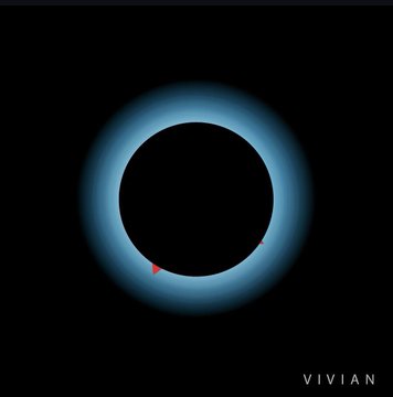 An illustration of a total solar eclipse with a glowing corona ring and a small red dot on the bottom edge of the moon, labeled "VIVIAN" in the corner.