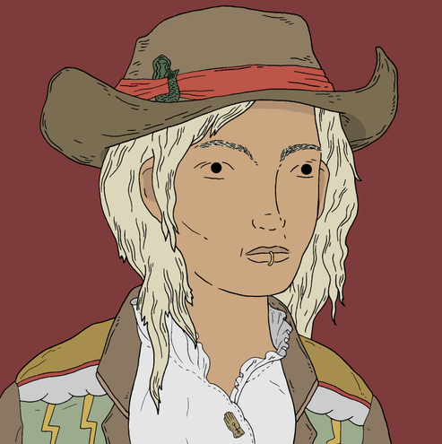 A digital portrait illustration of a blonde character wearing a brown cowboy hat with a red band and a small snake emblem, set against a solid red background.
