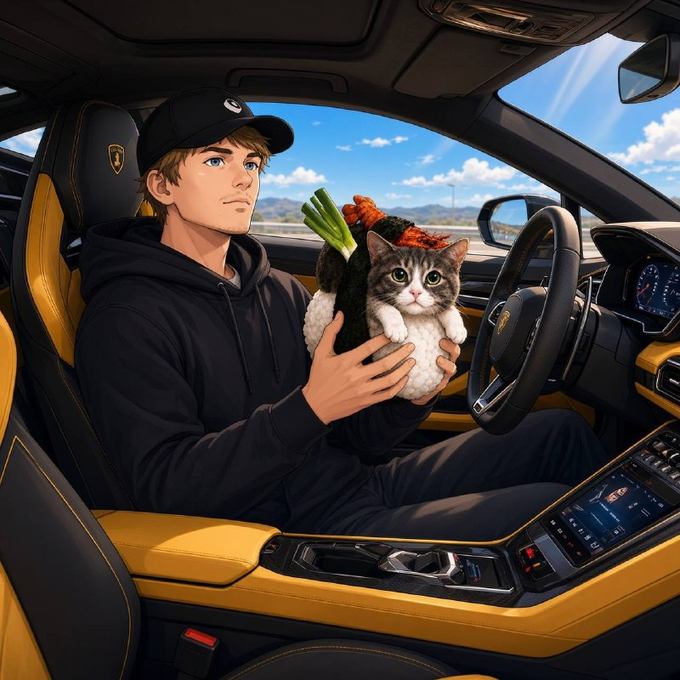 An anime-style illustration of a young man in a black hoodie and cap sitting in the driver's seat of a luxury car with yellow interior, holding a cute sushi-shaped cat plushie.