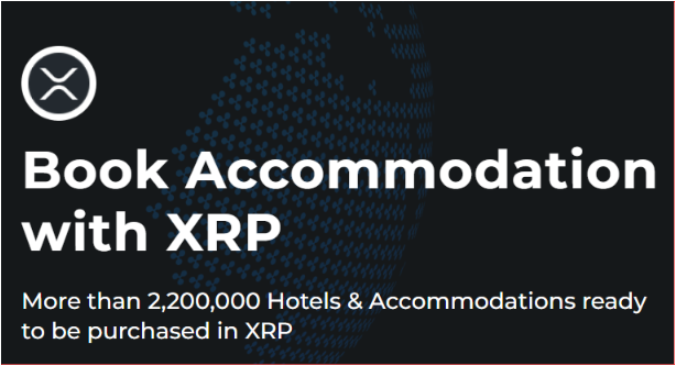 A promotional graphic featuring the XRP logo with the bold text "Book Accommodation with XRP" and a subheading noting "More than 2,200,000 Hotels & Accommodations ready to be purchased in XRP," visually supporting the post's point about XRP's growing real-world payment utility through Travala's travel booking platform.