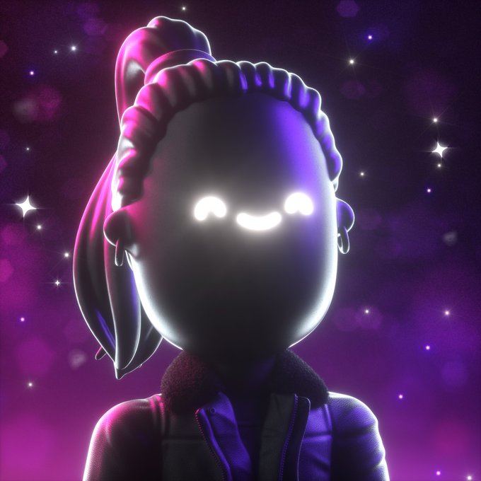 A stylized 3D-rendered character with glowing white eyes and a serene smile is shown in silhouette against a vibrant purple and pink starry cosmic background, wearing a hooded jacket with hair tied in a topknot. The image supports a post celebrating an artist named @GhostKidArt for a cosmic-themed NFT sale of 3 ETH.