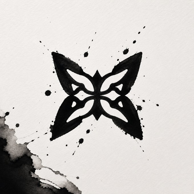 An artistic black and white watercolor illustration of a symmetrical butterfly-like or moth-like emblem with ink splatters and a dark wash in the bottom-left corner, rendered in a minimalist ink style.