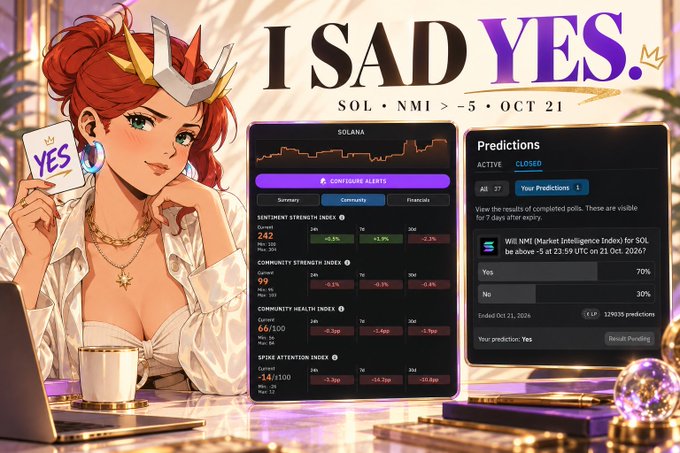A crypto-themed graphic reads “I SAD YES.” and “SOL · NMI > -5 · OCT 21,” with a crowned anime-style woman, prediction panels, market dashboards, and a small “YES” card.
