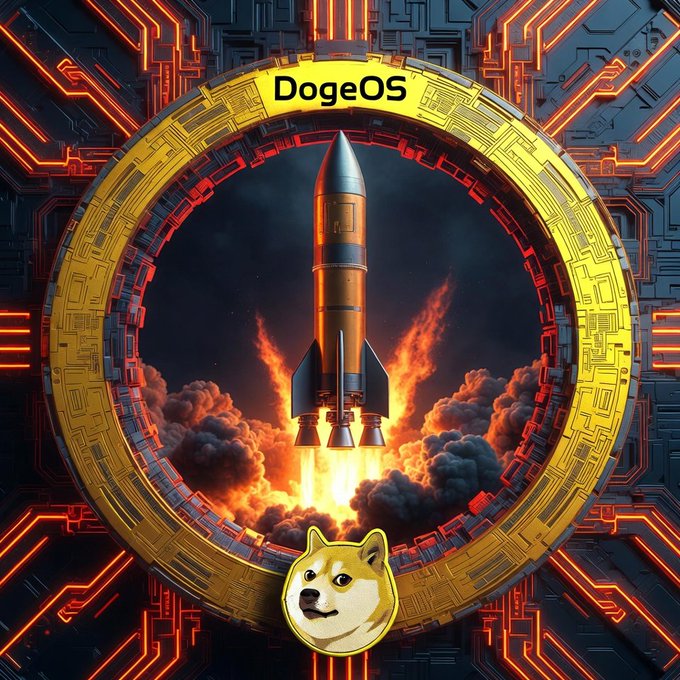 A vibrant digital artwork featuring a rocket launching through a golden portal with 'DogeOS' text at the top and a Shiba Inu (Doge) emblem at the bottom, surrounded by circuit board patterns.