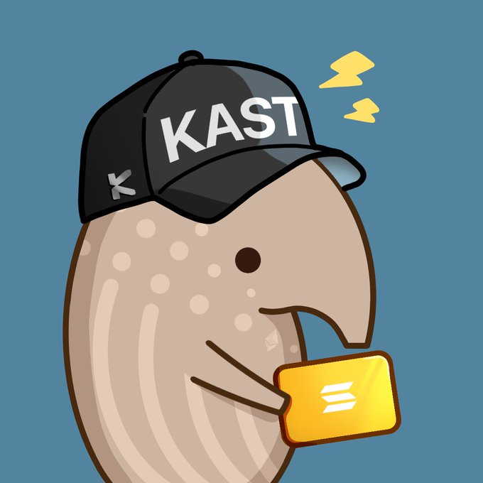 The image features a cartoon character wearing a baseball cap that says "KAST" on it. The character appears to be holding a yellow ticket or passbook, possibly indicating an event or gathering related to the KAST project. The text in the image suggests that there might be an official announcement about Q3 and Q4 of the KAST project, which could potentially involve a TGE (Ticket Grant Exchange).