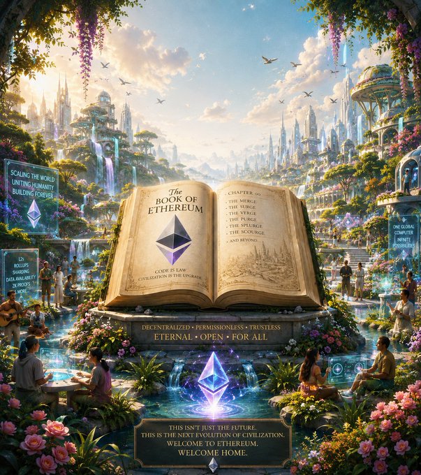 The image features a large open book with an etherium crystal at its center, surrounded by people sitting around it. The scene depicts a futuristic cityscape with buildings of various sizes and shapes, as well as other elements such as trees and flowers. A banner in front of the book reads "The Book Of Ethereum", indicating that this is a promotional image related to cryptocurrency or blockchain technology. The text on the image suggests that the people sitting around the book are engaged in discussions about the future of etherium and its potential impact on the world, possibly as part of an ongoing debate or gathering.