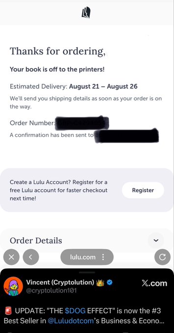 A mobile screenshot shows a 'Thanks for ordering' confirmation from Lulu with an estimated delivery of 'August 21 — August 26', along with a tweet from Vincent (@cryptolution101) announcing '$DOG EFFECT' is the #3 Best Seller on Luludotcom.