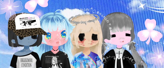 An anime-style digital illustration of four characters with distinctive features (blue skin, colorful eyes, pale faces) set against a sparkly blue background with flowers.