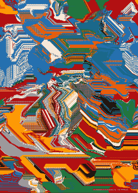 An abstract digital artwork featuring a chaotic, glitch-like composition with bold blocks of red, blue, orange, green, and white colors in geometric, pixelated patterns.