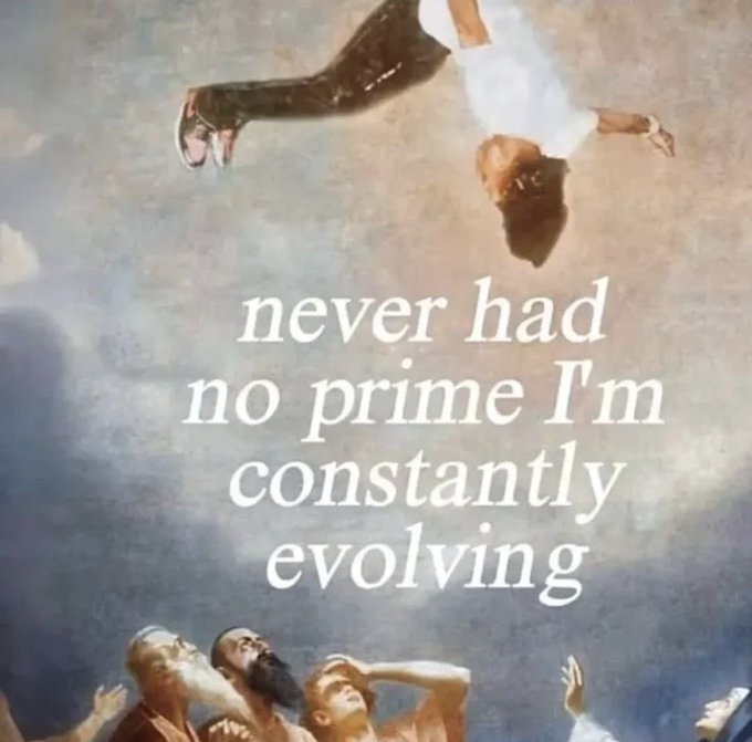A Renaissance-style painting shows a figure leaping or flying through clouds above a group of people reaching upward, overlaid with the text "never had no prime I'm constantly evolving"—visually embodying the post's message about collective growth and ascension without ever reaching a peak ("no prime"), as the community repeatedly mog's each other in an ongoing cycle of evolution.