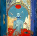 A colorful painting of a blue figure resembling a Buddha seated beneath an archway, with a red sun or circle above against a blue background.