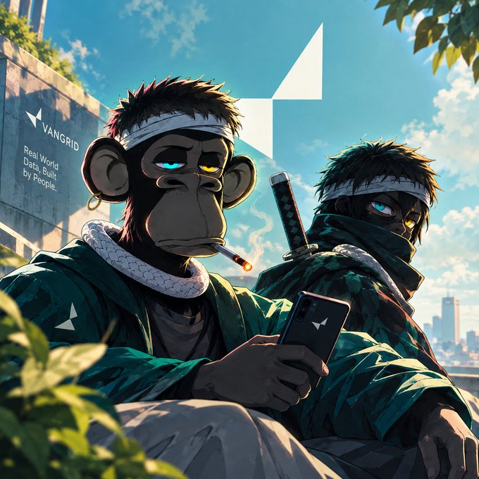 An anime-style illustration depicting Bored Ape NFT characters dressed as ninjas with headbands and swords, set against a backdrop branded with "VANGRID" and an abstract logo.