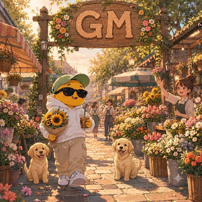An anime-style illustration depicts a yellow character in sunglasses holding sunflowers and a drink, accompanied by two golden retriever dogs, walking through a flower market under a 'GM' sign.