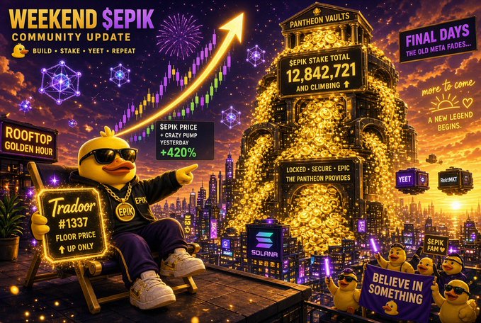 A vibrant promotional graphic titled 'WEEKEND SEPIK COMMUNITY UPDATE' featuring a duck mascot in sunglasses, a 'Pantheon Vaults' tower displaying a 'SEPIK STAKE TOTAL 12,842,721', and a 'SEPIK PRICE +420%' callout.