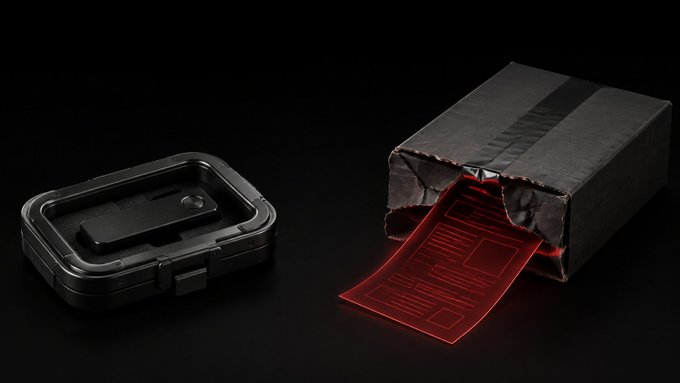 A dark case sits next to a black box from which a glowing red transparent panel with circuit-like patterns is emerging.