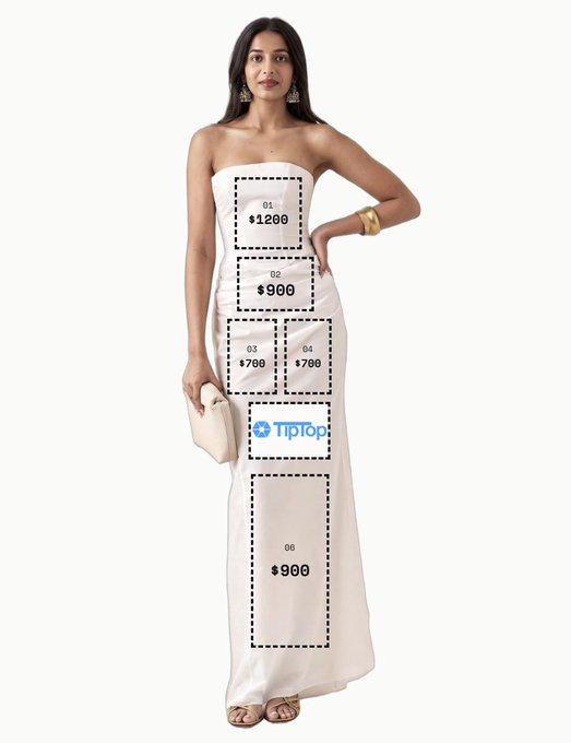 The image shows a woman wearing a cream strapless dress, overlaid with numbered sponsorship boxes displaying various dollar amounts ($1200, $900, $700, $700, $900), with the "Tiptop" logo visible in the center. The caption relates to the post by highlighting that spot #05, worth $900, has been sponsored by @izzHanu, bringing the total raised to $500 with 12 spots remaining.