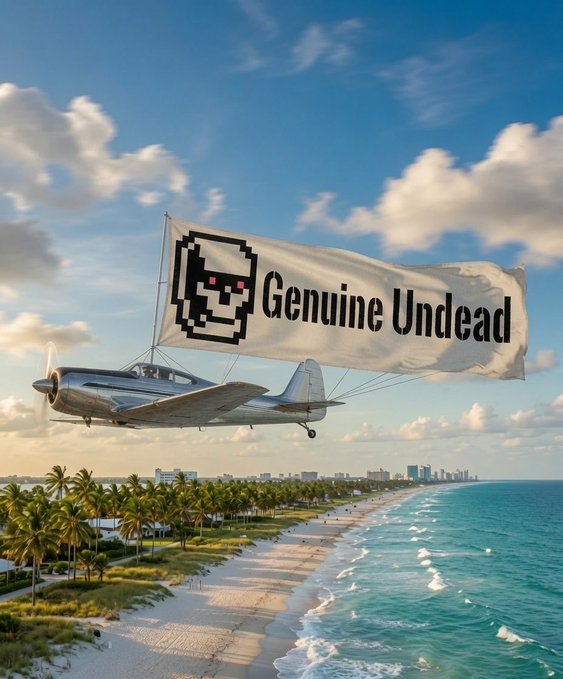 An AI-generated image showing a vintage airplane flying over a tropical beach coastline, pulling a banner that reads 'Genuine Undead' with a pixel art skull character.