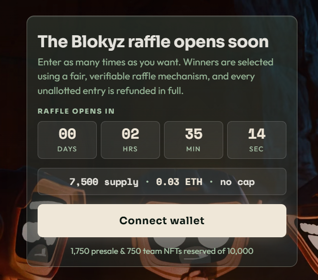 A promotional graphic for 'The Blokyz raffle' showing a countdown timer, 7,500 supply, 0.03 ETH price, and a 'Connect wallet' button.