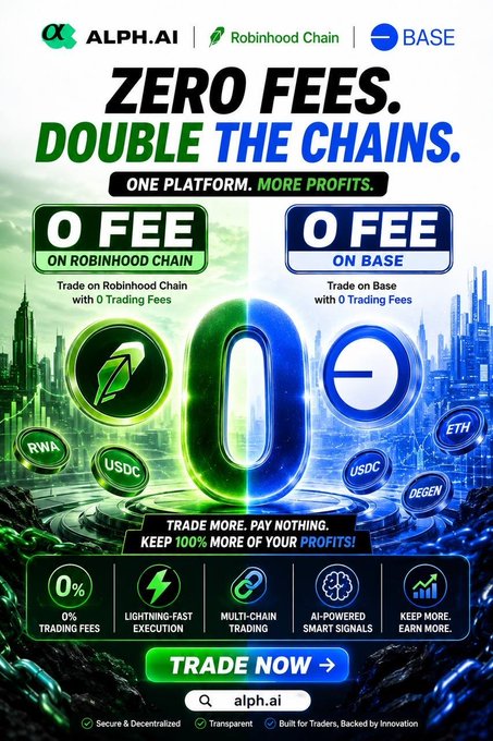 Promotional graphic for ALPH.AI announcing "Zero Fees, Double the Chains," featuring logos for Robinhood Chain and Base, with "0 FEE" badges for trading on both chains and listing supported tokens RWA, USDC, ETH, and DEGEN. The image visually reinforces the post's announcement that Robinhood Chain is now live on ALPH.AI with 0% trading fees, lightning-fast execution, and AI-powered trading signals alongside Base.