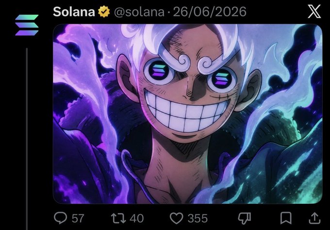 A screenshot of a Solana (@solana) tweet dated 26/06/2026 featuring an anime character with purple flame-like eyes and a wide grin, with 57 comments, 40 retweets, and 355 likes.