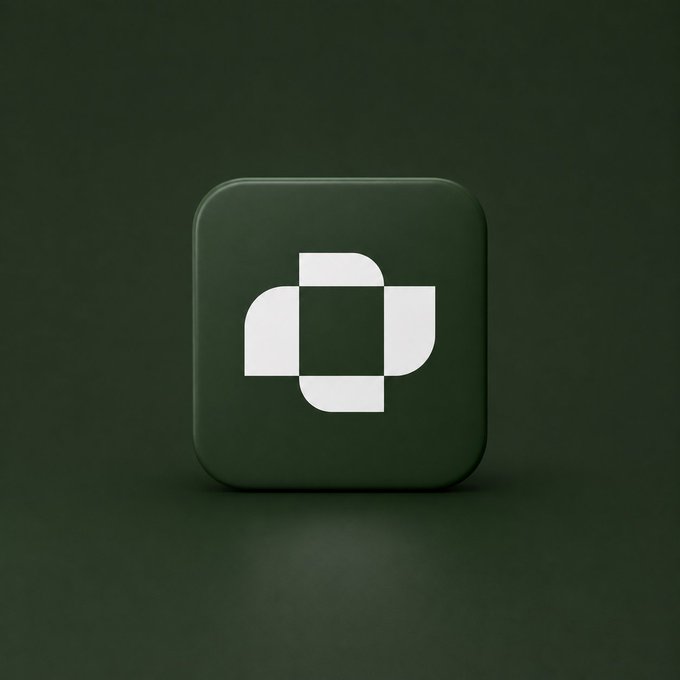 A dark green rounded app icon displays a minimalist white geometric logo composed of four interlocking shapes forming a square pattern, symbolizing the intersection of Bitcoin's Lightning Network and RGB-based stablecoin technology featured in the post.