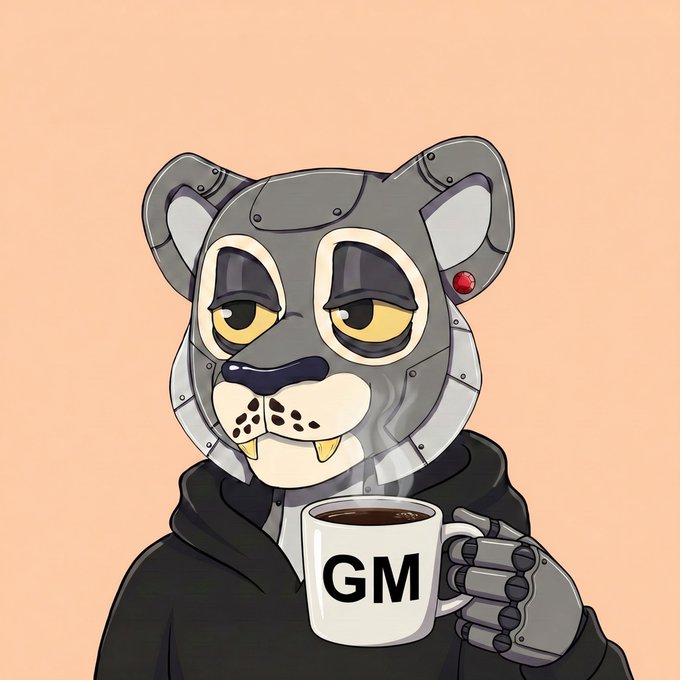 A digital illustration of a robotic, metallic bear character wearing a black hoodie and holding a white coffee mug labeled 'GM'.