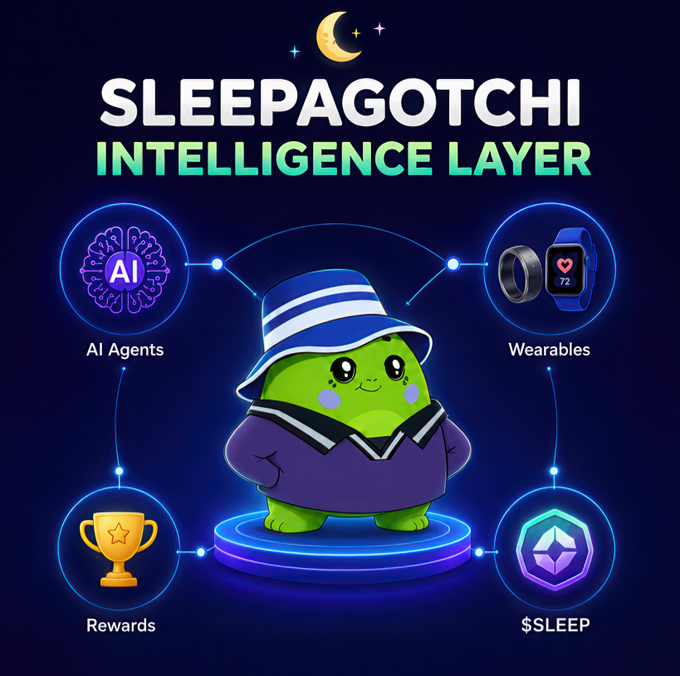 The image features a cartoon character, likely a Sleepagotchi, wearing a purple hat with a blue stripe down the middle. The character is standing on a platform that has various items related to wellness and sleep management, such as a watch, a book, and a cup of coffee. These objects are arranged in a way that suggests they are part of an AI-powered wellness ecosystem designed for users to earn rewards by engaging with the system. The post also mentions that the Sleepagotchi is currently on step 1 of their journey towards earning mechanics, which could involve tasks like completing sleep challenges or participating in fitness activities.