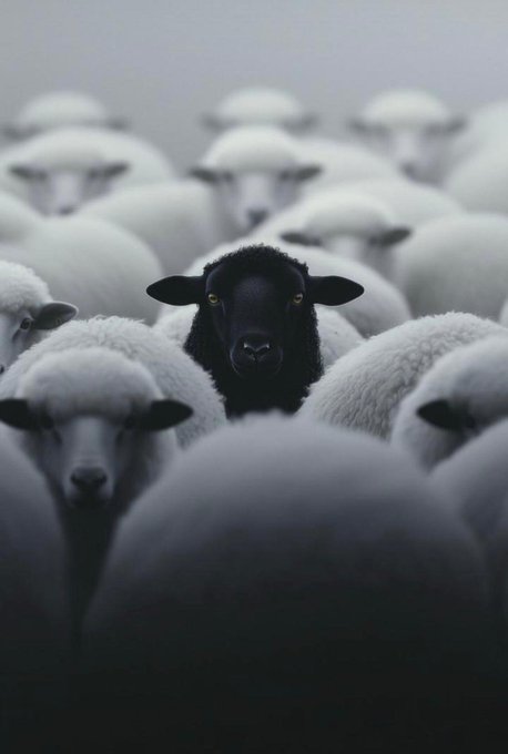 A single black sheep stands out among a dense flock of white sheep, directly visualizing the "GM CT.." phrase—serving as a visual metaphor for someone being different or going against the crowd. The stark contrast between the dark animal and the surrounding white flock reinforces the idea of standing out or breaking from the majority.